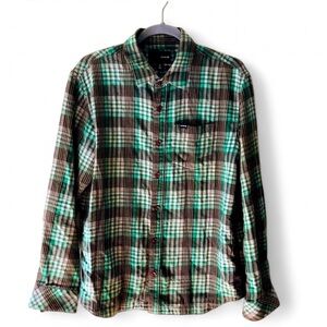 HURLEY PLAID LONG SLEEVE BUTTON DOWN GREEN BLACK SHIRT SIZE MEDIUM